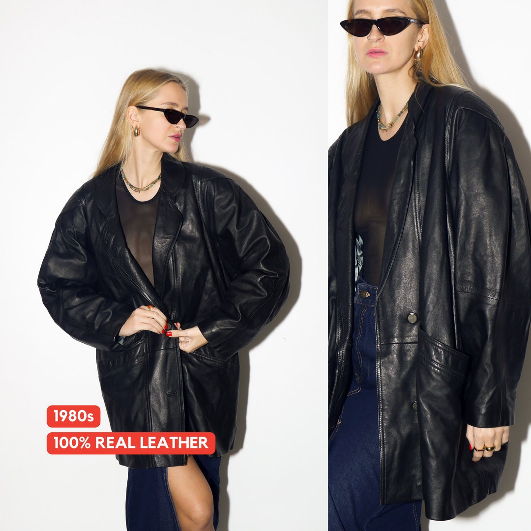 VINTAGE Leather Jacket 1980s | Oversized Black Vintage Leather