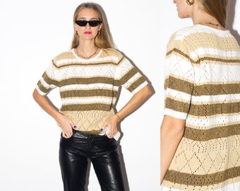 WINTAGE metaliczny sweter z lat 90. | krótki rękaw oversize'owy sweter w kolorze kremowo-beżowym | stylowy sweter z metaliczną nicią | sweter w paski