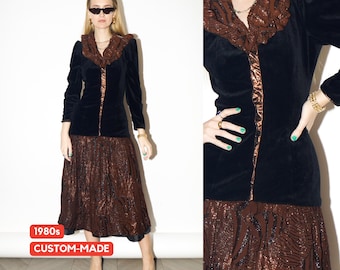 VINTAGE Evening Dress in Black Velvet from 1980s | Brown Midi Metallic Dress