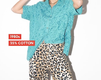 Blusa vintage de algodón de manga corta con estampado floral verde turquesa de los años 80 de Lisa Tossa.