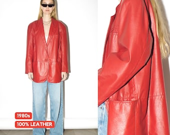 VINTAGE Red Leather Blazer from 1980s | Oversized Red Leather Jacket