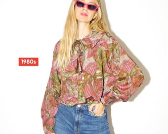 VINTAGE blouse 80s in floral pattern | pink and green shirt | retro shirt | 80s shirt | oversize fit from XS to XL