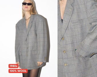 VINTAGE 100% wool blazer 1980s by Yorn®| premium wool  blazer | grey and blue checked blazer | vintage style