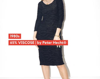 Vestido midi vintage de viscosa negra de los años 80 con estampado animal y manga larga de Peter Hecht