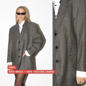 VINTAGE 100% wool blazer 1980s by Strellson | pure new wool blazer | black and beige dogtooth blazer | vintage oversized wool blazer