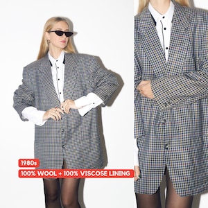 VINTAGE 100% wool blazer 1980s | Peek & Cloppenburg vintage grey checked blazer | oversized retro blazer | pure new wool blazer