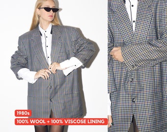 Blazer VINTAGE 100 % laine des années 80 | Blazer à carreaux gris vintage Peek & Cloppenburg | blazer rétro oversize | blazer en pure laine vierge