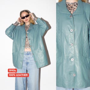 VINTAGE Blue Leather Jacket from 1990s | Oversize Blue Leather Jacket