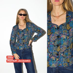 VINTAGE shirt 1980s | Topsi jacquard heart shaped neck blouse | vintage blue and yellow floral top | premium vintage blouse