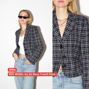 VINTAGE wool blazer, fitted black and white short blazer by Un Deux Trois Paris