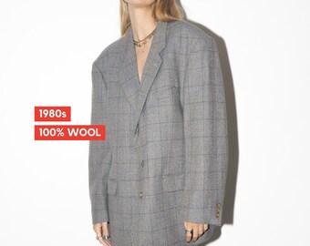 VINTAGE 100% wool blazer 1980s by Yorn®| premium wool  blazer | grey and blue checked blazer | vintage style