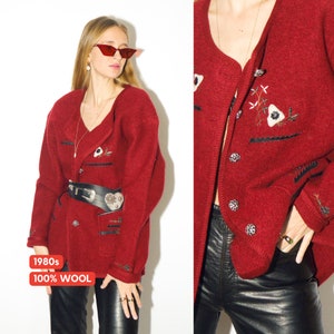 VINTAGE Wool Red Cardigan from 1980s | Warm Folk Burgundy Oversize Sweater