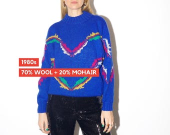 VINTAGE Wolle und Mohair Kobalt Pullover aus den 1980er Jahren | blauer halber Rollkragenpullover