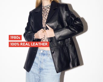 VINTAGE Black Leather Jacket from 1980s | Vintage Black Leather Oversize Blazer