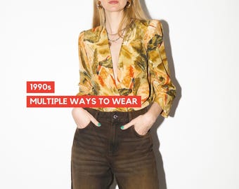 VINTAGE Yellow Abstract Blouse from 1980s | Open Front Flowy Orange Blouse
