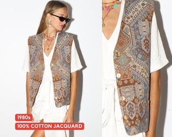 VINTAGE vest jaren 80 | Vintage hemd van jacquardkatoen | Miss Joy-vest | katoenen oversized vintage hemd | retro hippievest | Boho-vest | modipol
