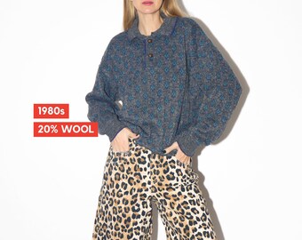 Suéter polo vintage con estampado gris y morado de los años 80 de Belika