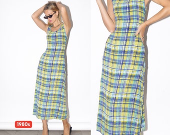 VINTAGE yellow/blue/green checkered dress made from structured elastic material by Blu the blu® from 1980s | retro long dress with back zip