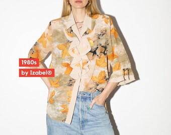 VINTAGE Beige & Yellow Leaf Print Blouse from 1980s | Retro Jabot Shirt by Izabel®