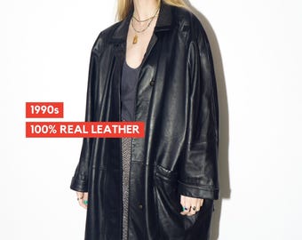 VINTAGE black leather jacket from 1990s | quality retro leather oversize jacket