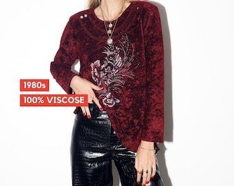 Blusa vintage roja de terciopelo viscosa de los años 80 con bordado floral plateado.