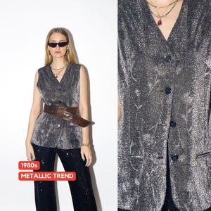 VINTAGE silver vest from the 1980s | metallic vest with glittery floral pattern