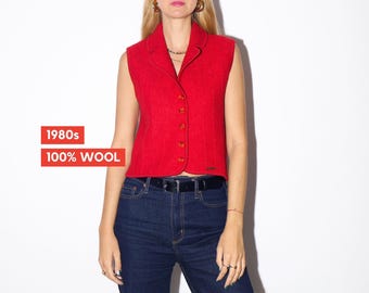 Polo/chaleco sin mangas para mujer, 100 % lana, color rojo, vintage, de los años 80, de Geiger, con pequeña etiqueta metálica con el logotipo. Chaleco rojo de primera calidad.