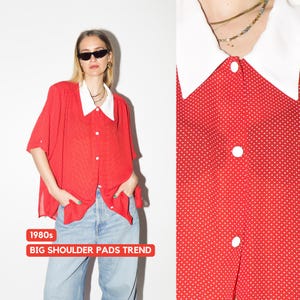 VINTAGE Red Polka Dot Blouse from 1980s | Oversized Short Sleeve Retro Shirt