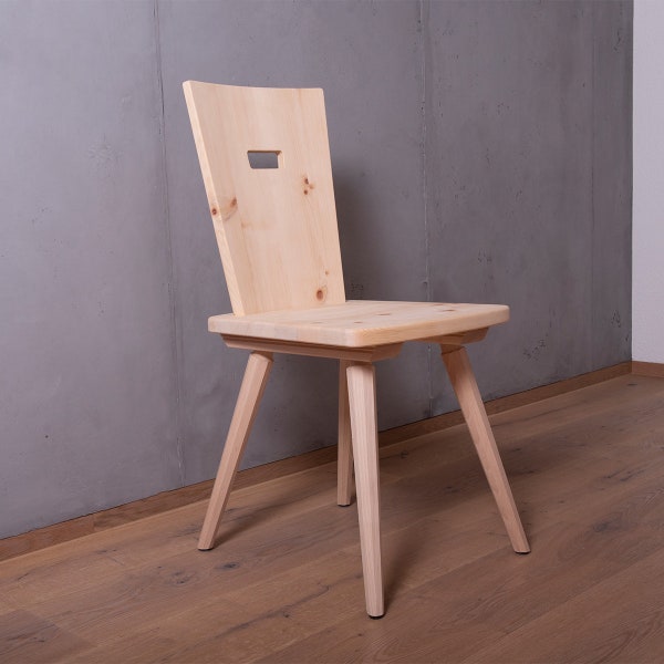 Elegant Tyrolean style chair made from solid stone pine wood or solid oak wood | raw and vanished | with rectangular handle