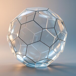 Puede incluir: Una esfera geométrica transparente compuesta por paneles interconectados de múltiples lados. Los paneles están delineados con líneas oscuras, creando un contraste llamativo con el vidrio transparente. La esfera se encuentra sobre un fondo degradado.
