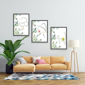 Botanical woman self love line minimal art set of 3, digital print, digital printable, floral art, wall art, wall hanging, wall decore
