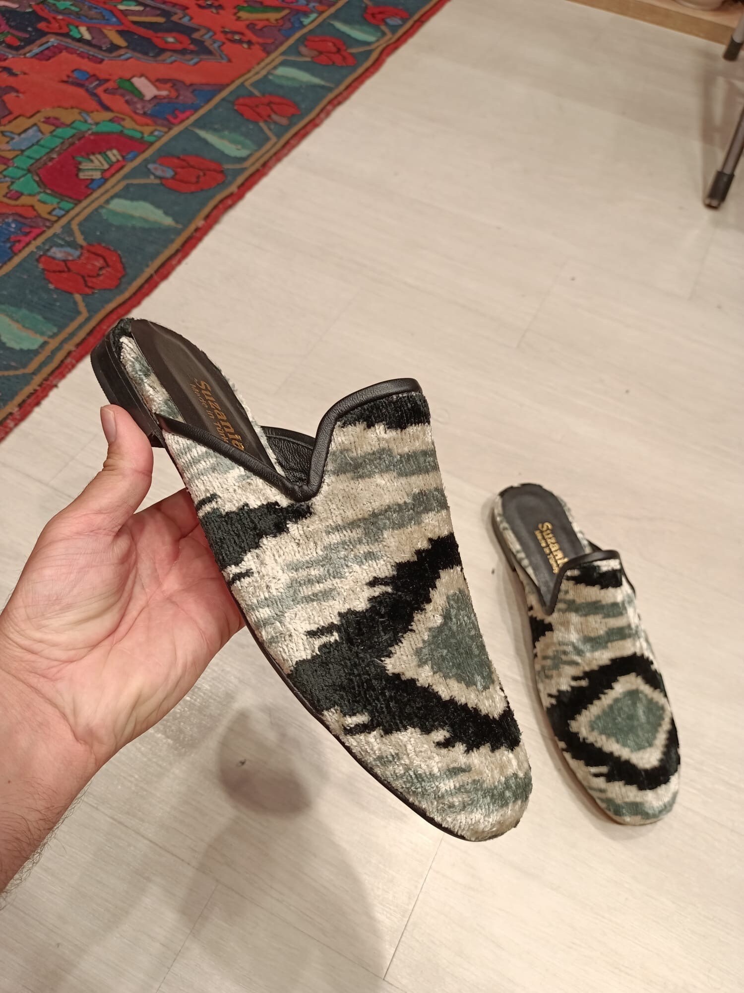 Silk Velvet Ikat Slippers Blue Green White
