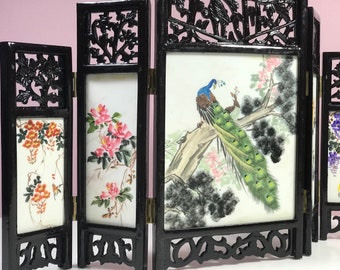 Asian double sided carved wood stone hand painted 6 fold table screen .