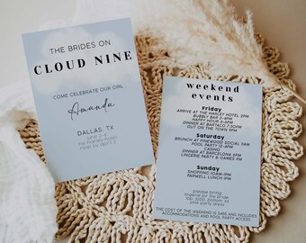 She's On Cloud Nine Bachelorette Invite, Bachelorette Itinerary Template, Bachelorette Party Invitation Digital Template,She's On Cloud Nine