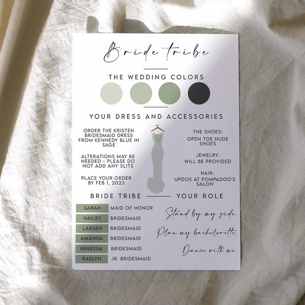Sage Green, Editable Bridesmaid Info Card Template, Bridal Party Info Card, Bridesmaid Information Card, Modern Bridesmaid Details Card