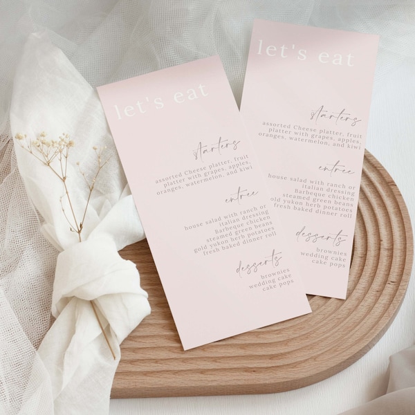 Blush Pink Wedding Menu, Wedding Menu Template, Minimalist Brunch Menu, Bridal Shower, Printable Instant Download, Pink Menu Card, Editable