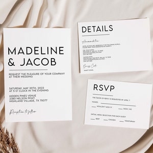 Modern Wedding Invitation Set Template, Minimalist Wedding Invite, Editable Template, Instant Download, Elegant, RSVP, Details Card