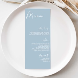 Boda azul polvoriento, plantilla de menú de boda, menú de brunch minimalista, despedida de soltera, descarga instantánea imprimible, tarjeta de menú azul polvoriento, editable