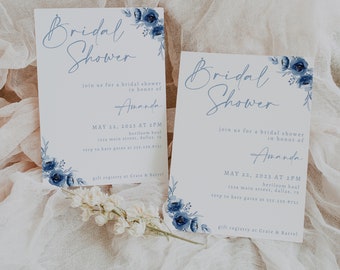 Dusty Blue Floral Bridal Shower Invite, Bridal Shower Invitation, Bridal Shower Digital Invitations, Bridal Shower Template, Dusty Blue