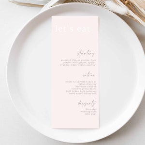 Blush Pink Wedding Menu, Wedding Menu Template, Minimalist Brunch Menu, Bridal Shower, Printable Instant Download, Pink Menu Card, Editable image 2