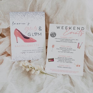 GLITZ AND GLAM, Glitz and Glam Bachelorette Invitation itinerary, Glitz and Glam Bachelorette Theme, Glitz and Glam Bachelorette Party