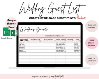 Wedding Guest List Spreadsheet, Guest List, Google Sheets, Wedding Planning Spreadsheets, Wedding Guests, Spreadsheet, Wedding Templates