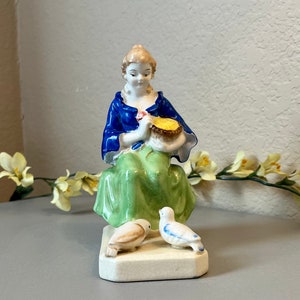 Vintage Bookend Lady Feeding Two Birds Made in Japan Ceramic Mid Century Collectible