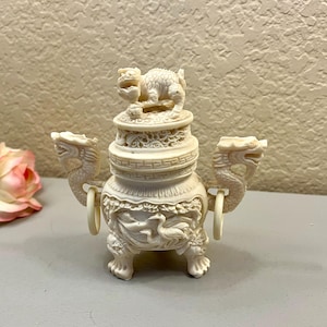 Foo Dog Dragon Resin Sculpture Lidded Incense Burner Vintage