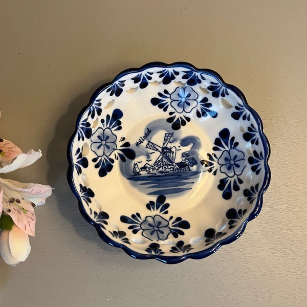 Blue Delft Deco Trinket Dish Hand Painted Holland Windmill and Cut Out Hearts Design  | Vintage Delft Home Decor