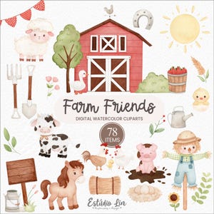 Clipart de aquarela de fazenda fofa, celeiro rústico, viveiro de fazenda, clipart de chalé, animais de fazenda, vaca, porco, ovelha, pônei, aniversário com tema de fazenda
