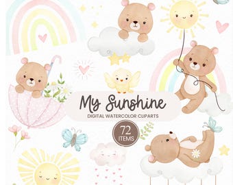 Imágenes prediseñadas de acuarela de sol sonriente, tema de verano, pequeño rayo de sol, ilustraciones para guardería, baby shower.