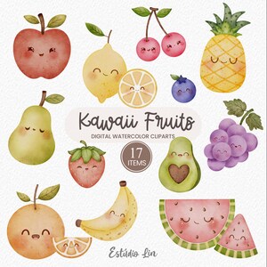 Kawaii, niedliches Obst Aquarell Clipart, Sommerfrüchte, Ananas, Traube, Apfel, Banane, Zitrone, Orange, Erdbeere, Birne, Kirsche, Avocado