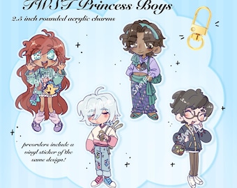 Op de afbeelding: Vier afgeronde acryl bedels van 6,35 cm met geïllustreerde personages in verschillende outfits en kapsels. De tekst luidt TWST Princess Boys, 2.5 inch rounded acrylic charms, preorders include a vinyl sticker of the same design, en this is a sample image, the final product's appearance may be slightly differ visually.