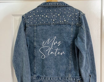 Personalised Pearl Bridal Denim Jacket | Hen party, Wedding, Honeymoon, Wedding Gift